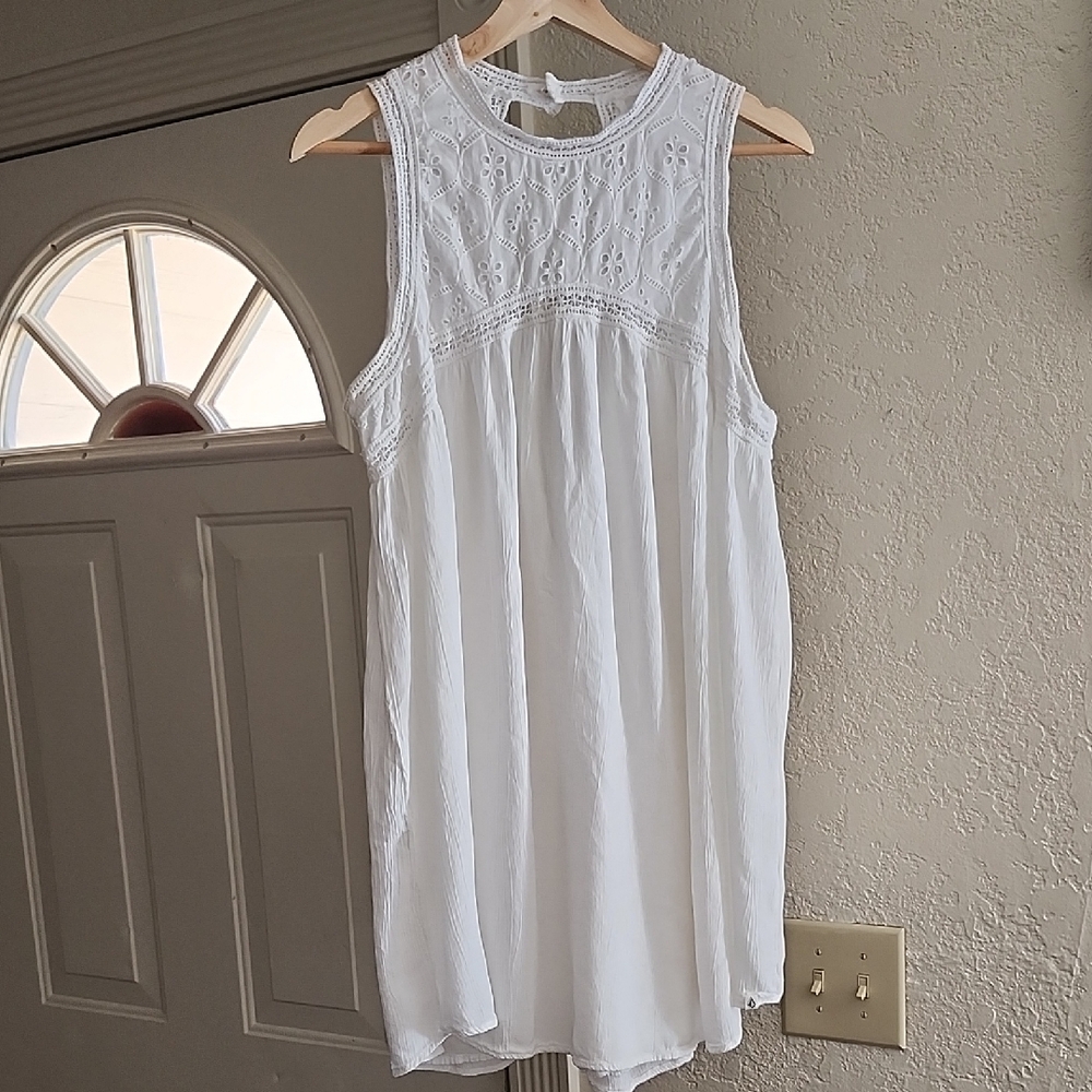 Volcom White Eyelet Lace Sleeveless Boho Mini Dress Size M Cottagecore Resort